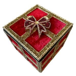 Red Velvet Gold Sequin Christmas Present Gift Box w/ Bow & Lid 7in Holiday Decor